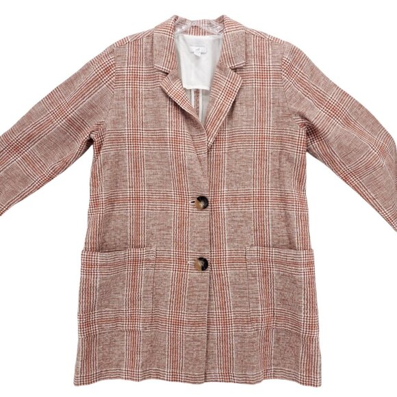 J JILL Plaid Linen Cotton Blazer Jacket Woven OVERSIZED Fit Pockets EUC SMALL - Picture 2 of 8
